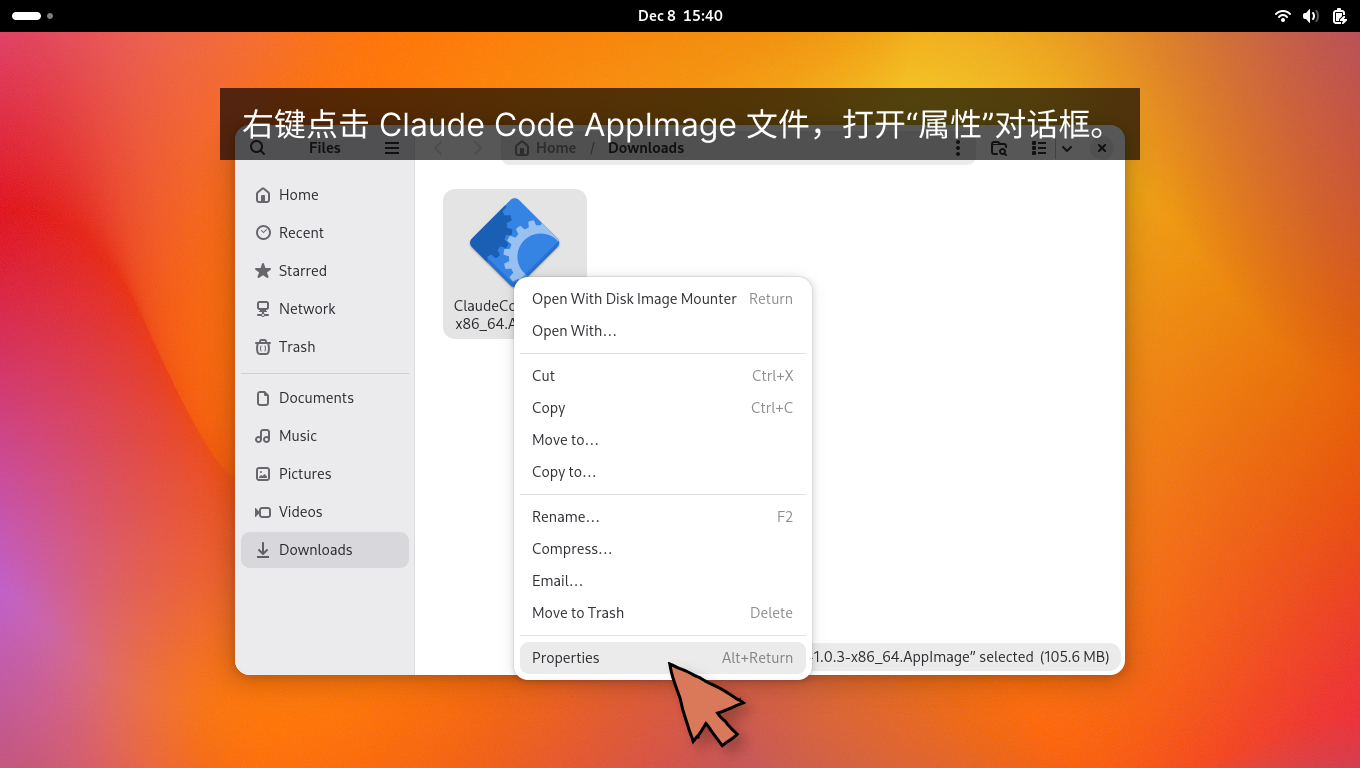 Deep Code AppImage dosyasına sağ tıklayın ve «Properties» iletişim kutusunu açın. Deep Code AppImage dosyasına sağ tıklayın ve «Properties» iletişim kutusunu açın.